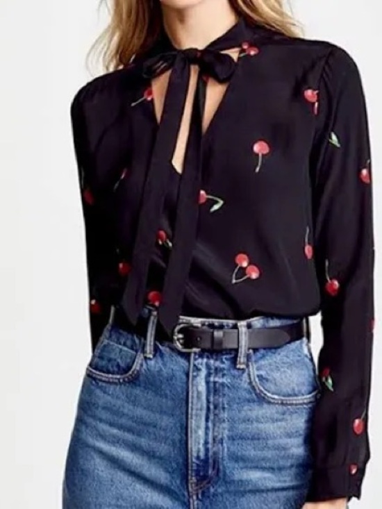 Rails Tops - Rails Black Cherry-Print Long-Sleeve Tie-Neck Top